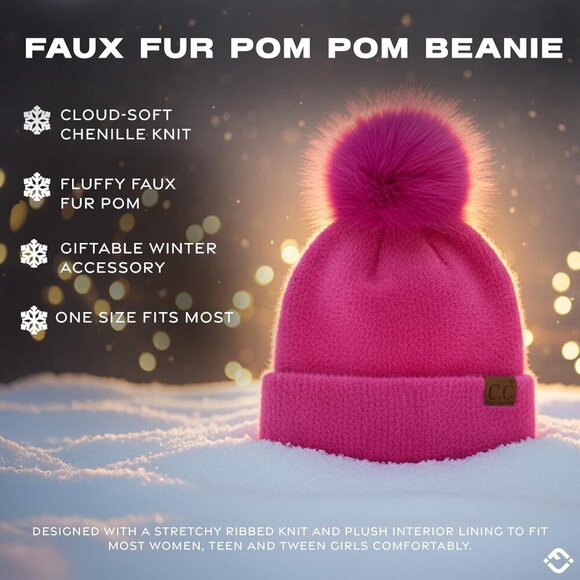 Women\'s Chenille Beanie Pink Pom Pom Winter Hat Faux Fur Warm Ski Cap main image 6